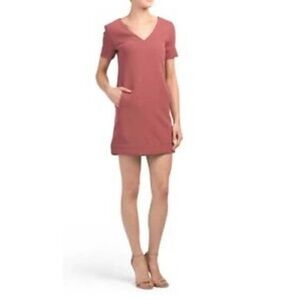 Theory Crepe Shift Banded V-Neck Admiral Deep Rose Dress